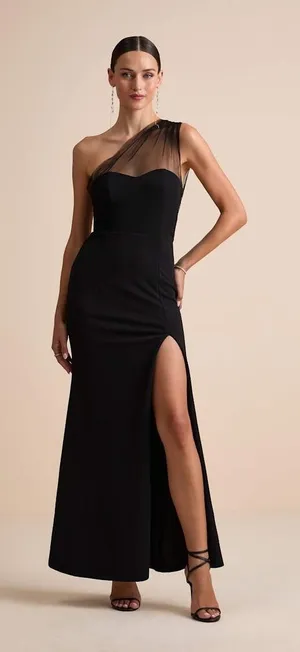 NWT Lulus Brayla Black One-Shoulder Mermaid Maxi Dress Bridesmaid Banquet Size M thumbnail 1