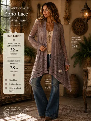 NWOT - L - Altar'd State Dusty Brown Lace Open-Front Cardigan thumbnail 2