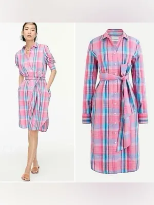 J.Crew Classic fit‎ Cotton Poplin Plaid Shirtdress Preppy Pink AW560 Size 2 thumbnail 2