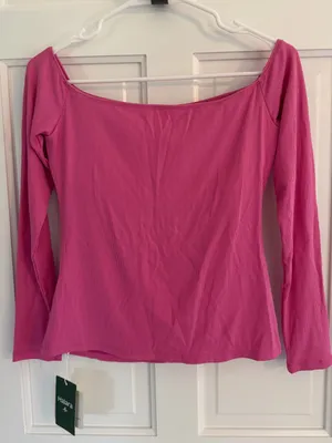 NWT Halara Pink Ribbed Square Neck Long Sleeve Built-In Bra Top M‎ thumbnail 2