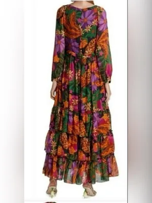 FARM Rio Star Fruit Floral Tiered Maxi Dress in Purple, Green & Yellow Sz Small thumbnail 3
