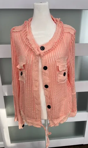 Open Knit Button Down Hooded Shirt Coral Pink‎ Mesh Drawstring Top XL thumbnail 1