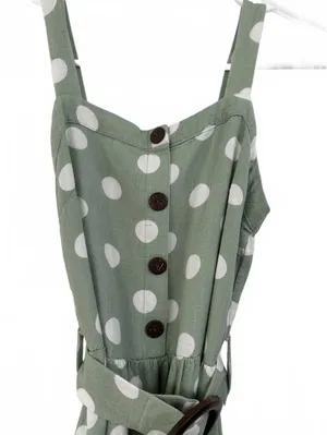Monteau Linen Blend Polka Dot Midi Dress with Belt Green Size Small thumbnail 3
