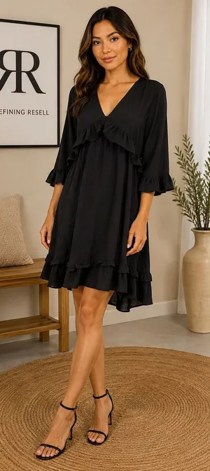 Entro Black Ruffled 3/4 Sleeve V Neck Babydoll ‎ Tiered Short Dress NWT Size M thumbnail 1