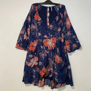 Free People Floral Boho Mini Dress Size 2 Navy Bell Sleeve Cutout Back thumbnail 3