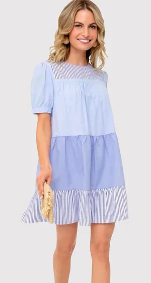 English Factory Womens Dress Blue Quinn Babydoll Striped Tiered A Line Small thumbnail 1