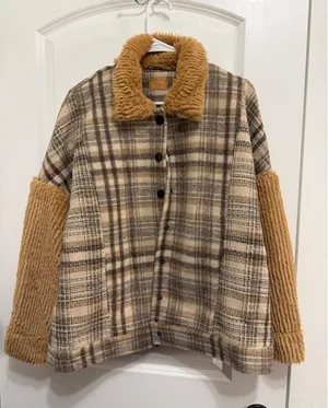 POL Plaid Faux‎ Fur Collar Sherpa Lined Shacket Jacket Women thumbnail 1