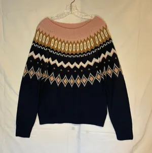 Crown Ivy Preppy Fair Isle Nordic Knit Pullover Soft Sweater Navy Pink Gold Sz M thumbnail 1