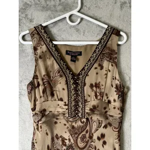 Vintage Y2K Boho Paisley Silk Midi Dress V Neck Earth Tone Flowy Cottagecore SM thumbnail 2
