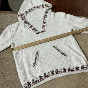 Nordic Fair Isle Reindeer Knit Hoodie Women Medium Cream Chevron Boho thumbnail 5