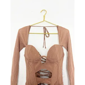 NWT Outcast Aubrey Long Sleeve Mini Dress Tan Corset Festival Sexy Size Small thumbnail 5