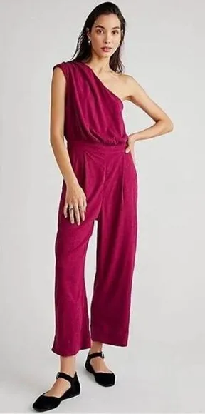 FREE PEOPLE Burgundy Avery One Shoulder Jumpsuit Size‎ 6 NWOT thumbnail 1