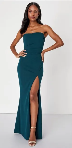 Lulu's Marvelous Entrance Emerald Green Pleated Strapless Maxi Dress thumbnail 1