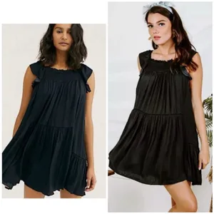 Free People Want Your Love Black Mini Dress Small Smocked Tie Back Boho Babydoll thumbnail 3