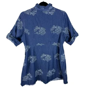 Nina Leonard Floral Embroidered Cuffed‎ Sleeve Half Button Up Cotton Dress Sz 14 thumbnail 2