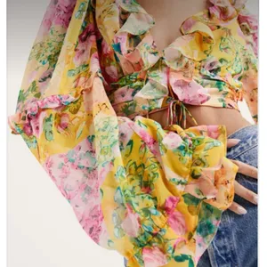 For Love and Lemon’s Nina Floral Lace Front Ruffle‎ Cropped Blouse - Multi XXS thumbnail 4