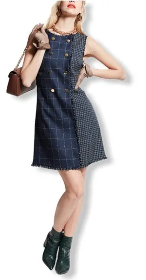 Julia Jordan Dress Shift Woven Navy Blue Decorative Buttons Sz 4 Raw‎ Edges Mini thumbnail 1