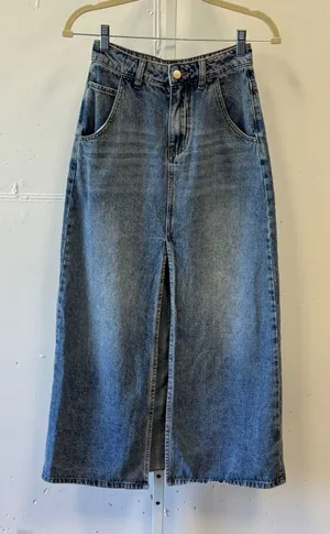 Peppermayo Denim Maxi Skirt Front Slit High Waisted XS Long Jean Skirt Med Wash thumbnail 1