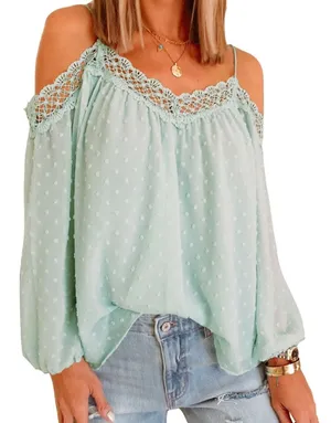 Polka Dots Lace Splicing Off Shoulders Top size Small new in Mint Green thumbnail 1