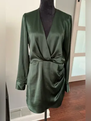 ZARA Emerald Green Satin Wrap-Style Long Sleeve Dress🌹 thumbnail 6