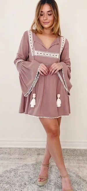 Show Me Your Mumu Romina Tunic Dress Mauve Boho Bell Sleeve Pom Pom Small 845 thumbnail 1