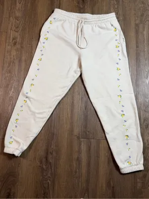 PINK Victoria's Secret Cream Joggers with Yellow Floral Trim thumbnail 3