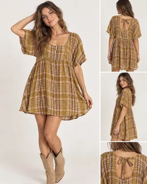 Anthropologie Yellow Pink Plaid Mini Dress Womens L Babydoll Boho Tie Back thumbnail 2
