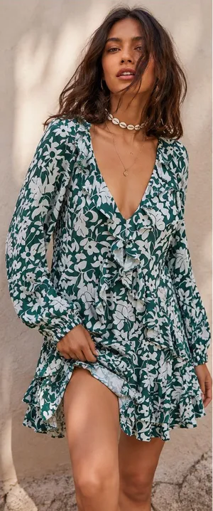 Free People‎ Rebecca Floral Green White Ruffle Tiered Long Sleeve Mini Dress thumbnail 1