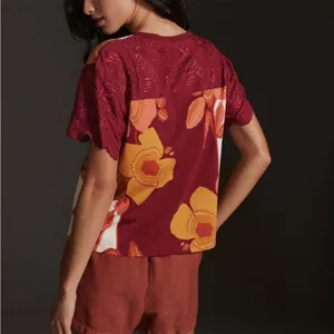 Anthropologie TINY Jeanine Eyelet Embroidered Floral Burgundy Top Small Tee thumbnail 6