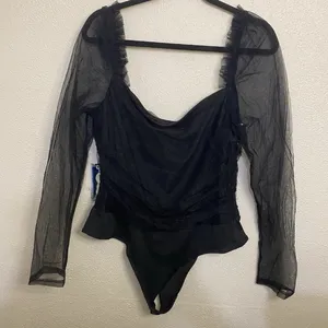 Lulus Black Mesh Long Sleeve Bodysuit Sheer Top Size XL NWT thumbnail 1