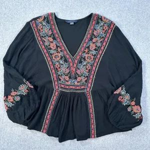 American Eagle Peasant V-Neck Top Size X-Small Embroidered Gauzy Balloon Sleeve thumbnail 1