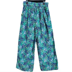Midnight Sky -175‎ Blue Green Floral Linen Blend Tie Waist Wide Leg Pants Size S thumbnail 2