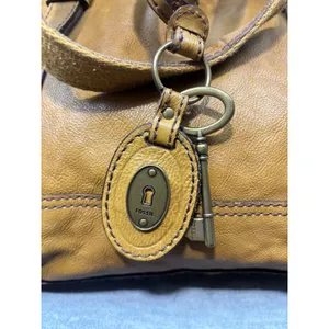 Vintage Fossil Mustard Yellow Pebbled Leather Tote Bag Brass Key Charm Boho thumbnail 2