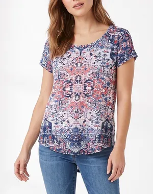 Lucky Brand T-Shirt Womens Medium Medallion Print Blue Red Short Sleeve Exc thumbnail 1