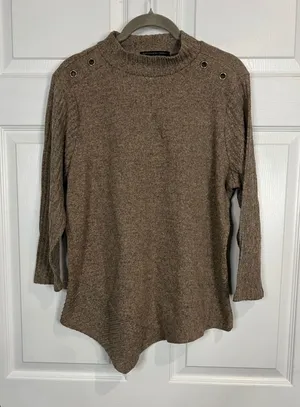 Adrienne Vittadini Women's Brown Asymmetrical Hem Top Grommet Mock Neck - XL thumbnail 1