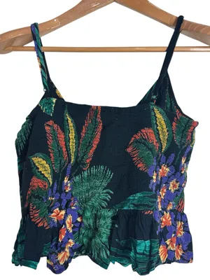 Patrons of Peace Botanical Tropical Floral V-Neck Front Tie Peplum Tank size L thumbnail 2