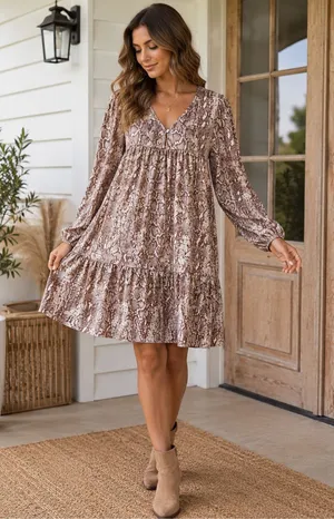 Peach Love California Snake Print Babydoll Dress Brown Cream USA Made L thumbnail 1