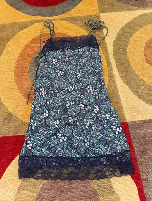 Aerie Floral Navy Blue Green Mini Lace Tie Sleeve Very Short Slip Dress Size XXS thumbnail 1