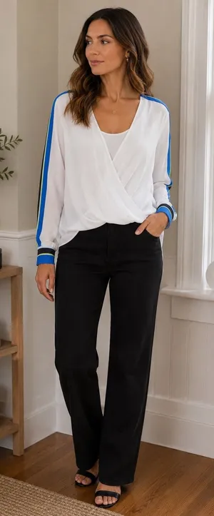 BCBGMAXAZRIA Seraphine Wrap Top White Blue Striped Sleeve Blouse Size XS thumbnail 1