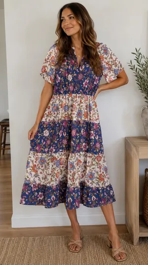 Harlow & Rose Floral Boho Tiered Midi Dress Cottagecore Prairie‎ NWT Medium thumbnail 1