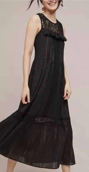 Maeve Anthropologie Black Crochet Tassel Metallic‎ Stripe Tiered Maxi Dress M thumbnail 1