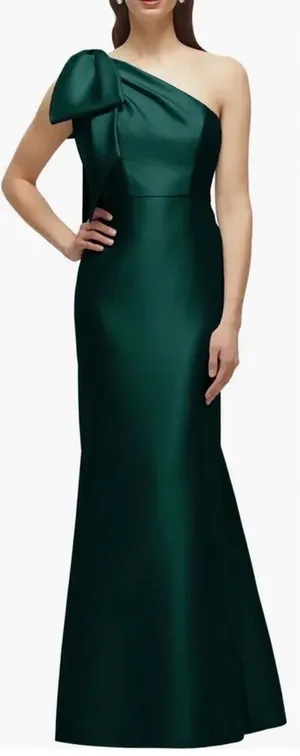NEW Alfred Sung Bow One-Shoulder Satin Twill Mermaid Ever green Gown SZ 6 thumbnail 1