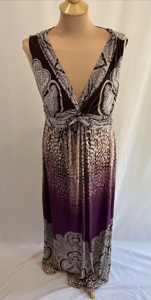 Soma Sleeveless Maxi Dress V Neck Brown‎ Purple Paisley Boho Resort Moody thumbnail 1