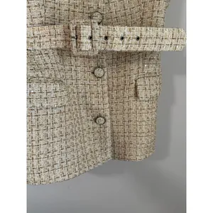 Zara Tweed Vest Women Medium Gold Metallic Belted Longline Sleeveless Jacket NEW thumbnail 9