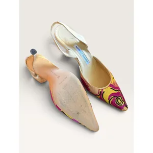 Manolo Blahnik 38 Yellow Pink Floral Sequin Embroidered Slingback Kitten Heels thumbnail 3