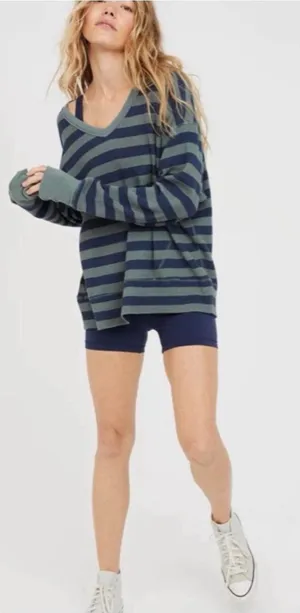 OFFLINE By Aerie Oversized Shirt Women's Medium Long Sleeve Striped Waffle Navy thumbnail 1