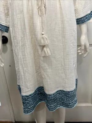 J Jill Gauzy Lined Ivory Dress XL Boho Drawstring Waist Blue Trim Pockets thumbnail 5