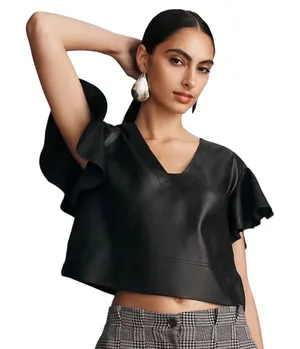 Maeve‎ Anthropologie Black Faux Leather Ruffle Sleeve V-Neck Crop Top XXS thumbnail 1