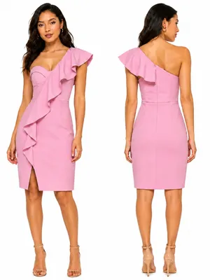 Lavish Lice Scuba Midi Dress with Corset Bodice & Dramatic One-Shoulder Ruffle thumbnail 2