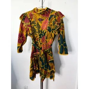 Farm Rio Mini Dress Yellow Floral Ruffle Pom Pom Trim Mock Neck Belted thumbnail 4